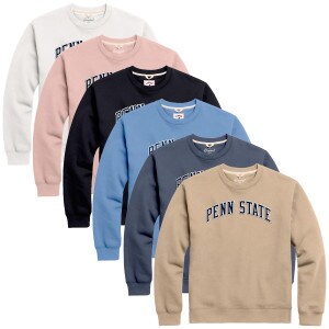 long sleeve crew sweatshirts in white, pink, navy, light blue, denim blue, and beige belle with arched Penn State